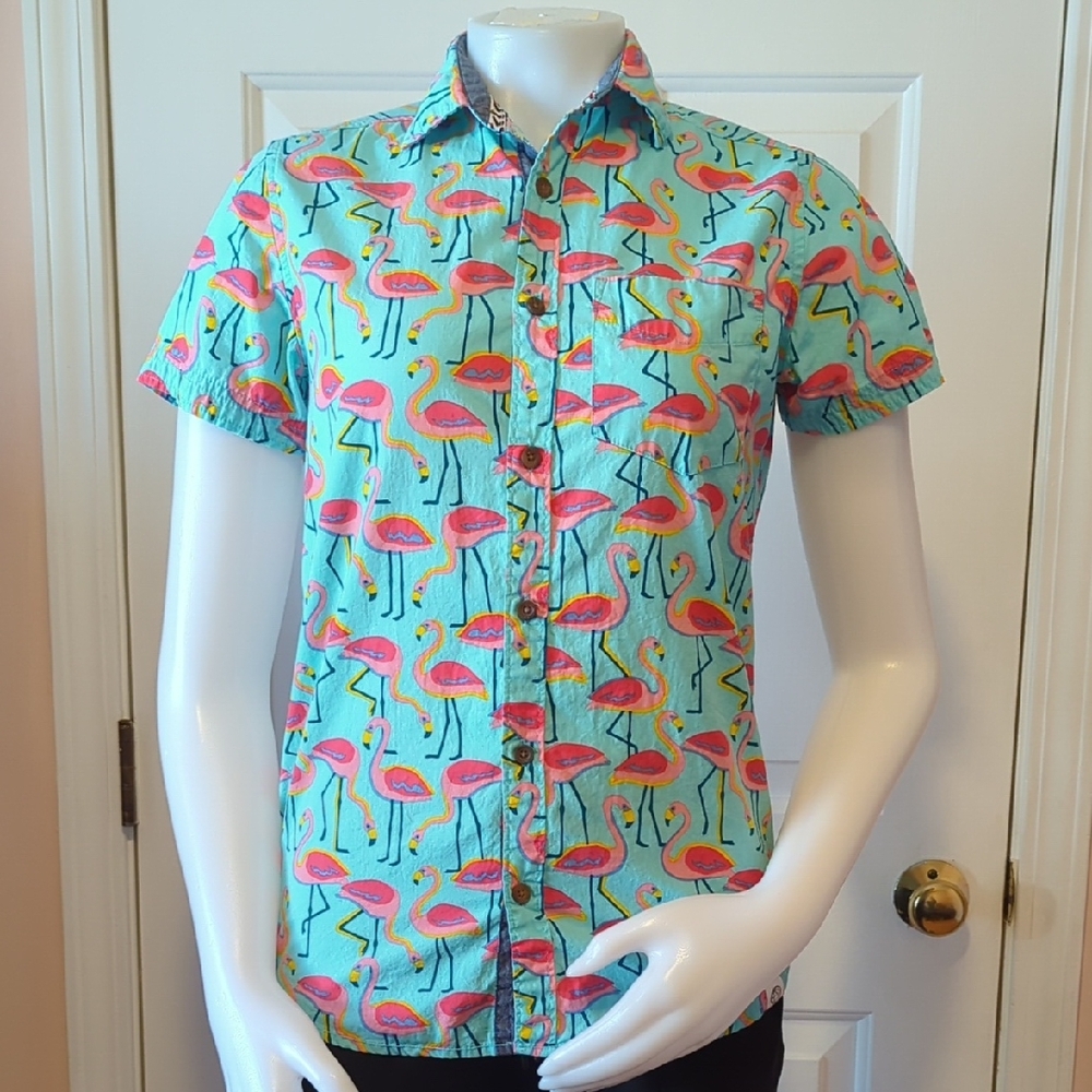 Free Planet XS Slim Fit Blue Flamingo Print Button Up Shirt